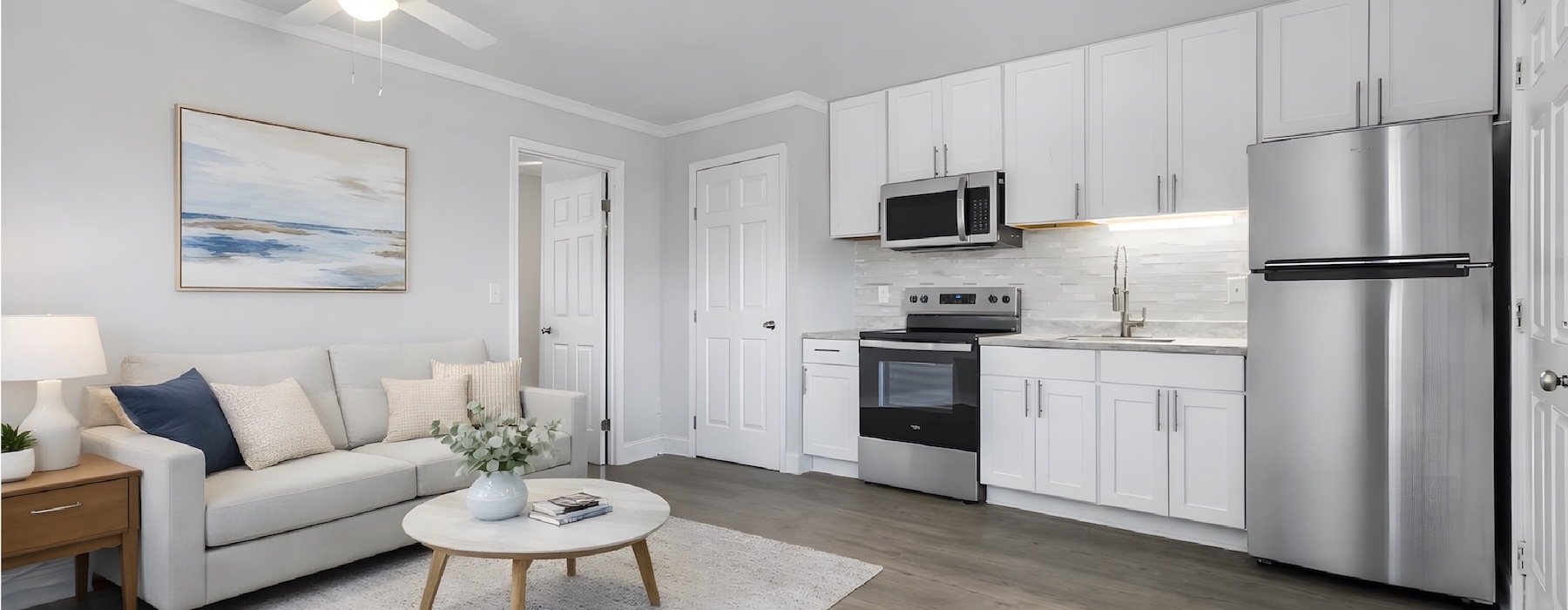 a living room with a couch and a table